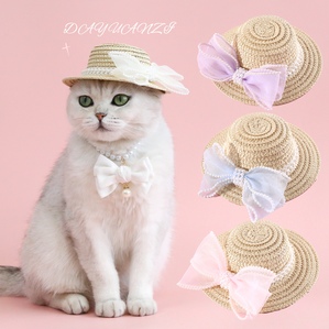 Pearl bow pet straw hat, dog outdoor photography props